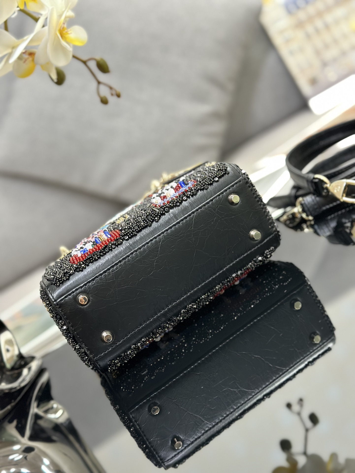 Mini Lady Dior Bag Black Calfskin Lady Liberty Embroidered with Paint Beads